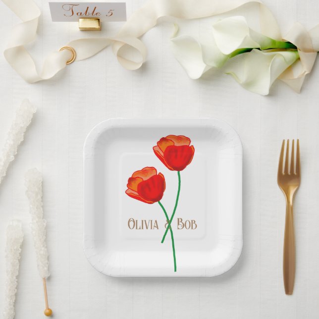 Red Poppy Flowers Personalized Paper Plates (Wedding)