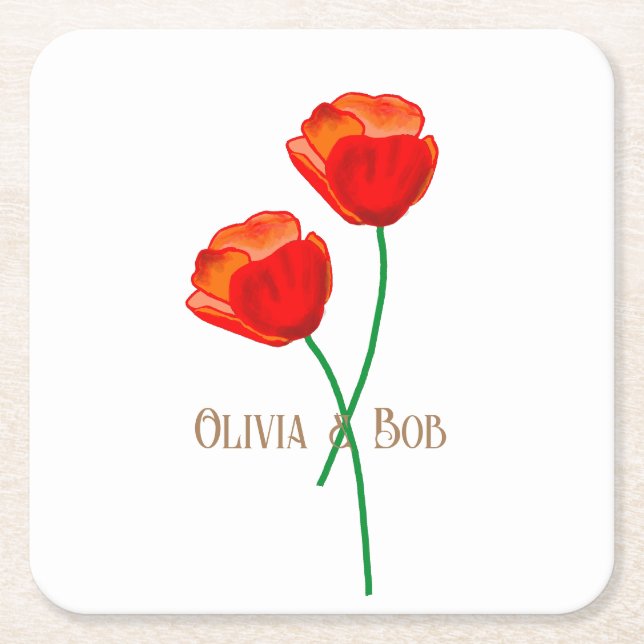 Red Poppy Flowers Personalized Square Paper Coaster (Front)