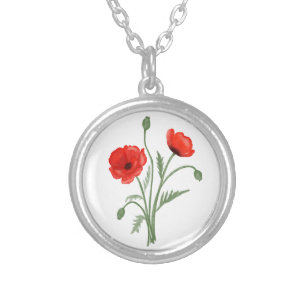 Red Poppy Flowers Silver Plated Necklace