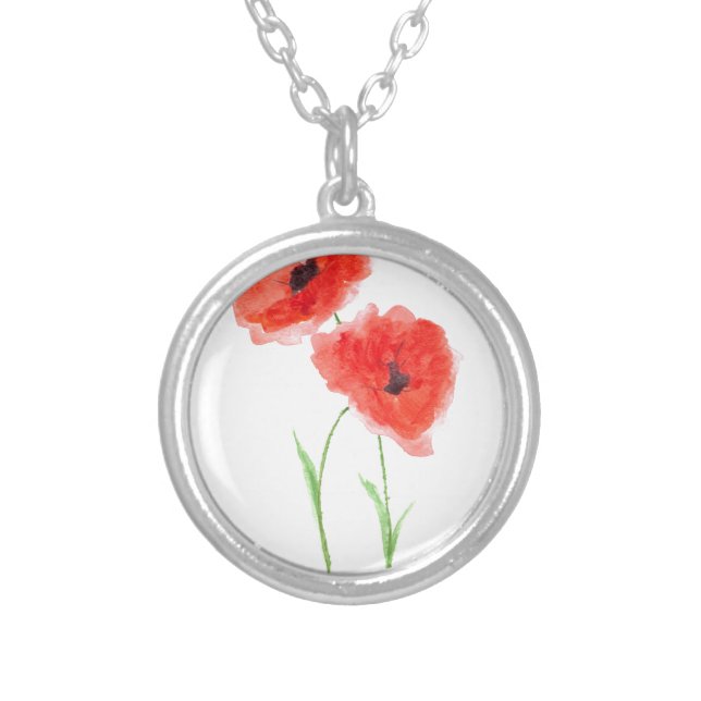 Red poppy flowers silver plated necklace (Front)