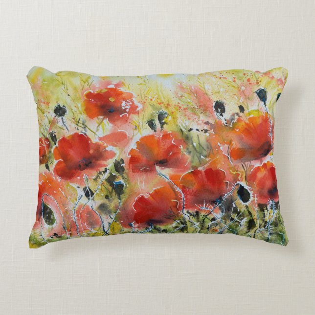 Red poppy flowers, soft watercolor. accent pillow (Front)