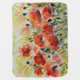 Red poppy flowers, soft watercolor. baby blanket