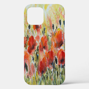 Red poppy flowers, soft watercolor. iPhone 12 case