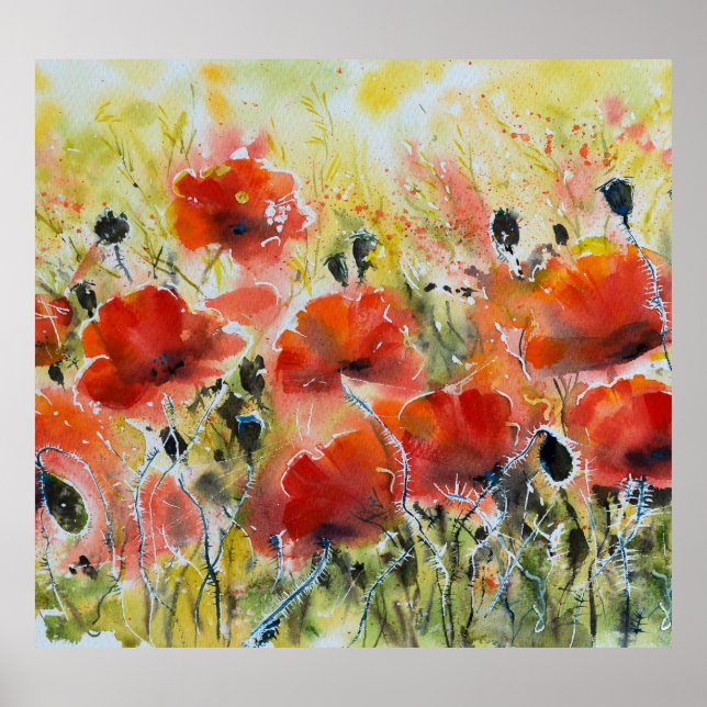 Red poppy flowers, soft watercolor. poster (Front)
