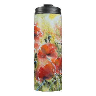 Red poppy flowers, soft watercolor. thermal tumbler