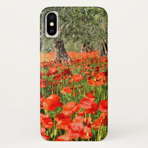 Red poppy flowers under old olive trees iPhone x case
