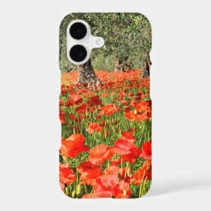 Red poppy flowers under old olive trees iPhone 17 case