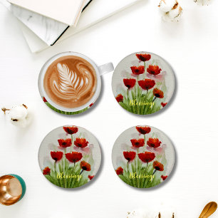 Red Poppy Flowers Watercolor Modern Minimalist Coaster Set