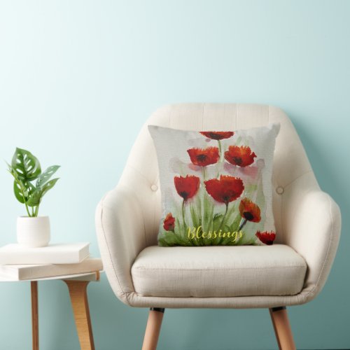 Red Poppy Flowers Watercolor Modern Minimalist Throw Pillow