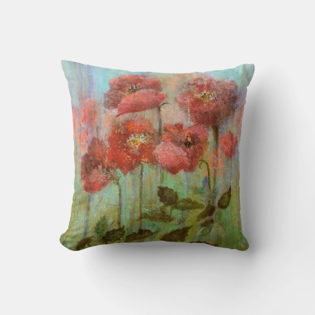 Red Poppy Flowers Watercolor Throw Pillow (Front)