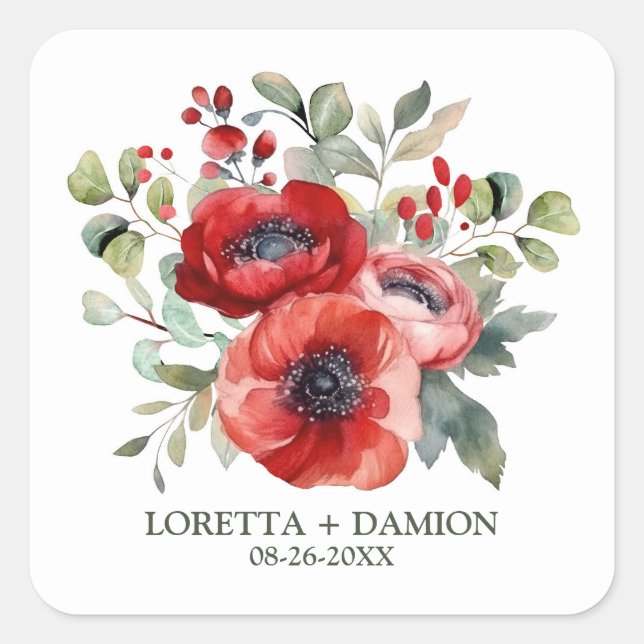 Red Poppy Flowers Wedding Square Sticker (Front)