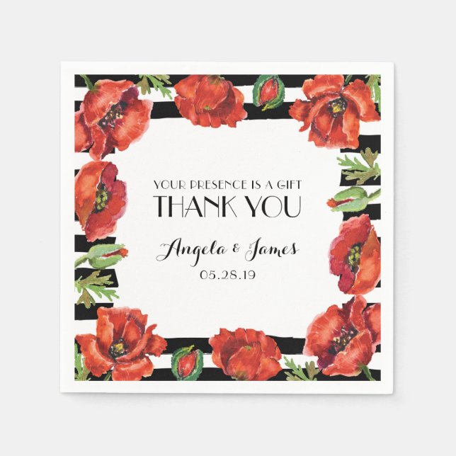 Red Poppy Flowers with Black Stripes Wedding Paper Napkins (Front)