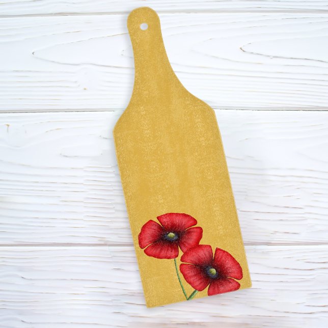 Red Poppy Flowers Yellow Paddle Cutting Board (A bright mustard yellow paddle cutting board with two poppy flowers. Pop it in your basket!)