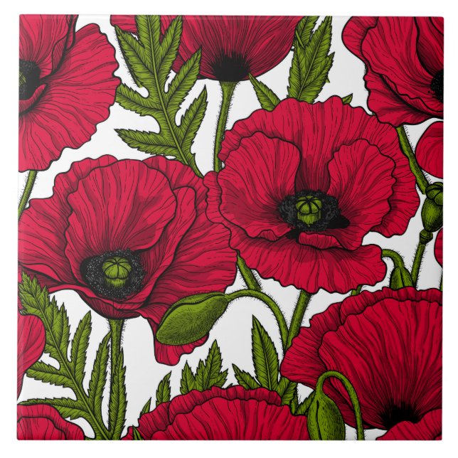 Red Poppy garden 2 Ceramic Tile (Front)