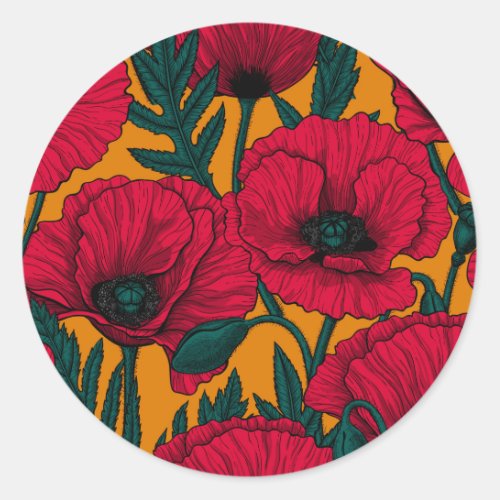Red poppy garden classic round sticker