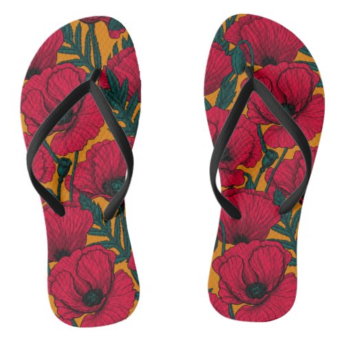 Red poppy garden flip flops