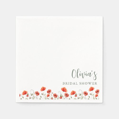 Red Poppy Garden Floral Bridal Brunch Party Napkins