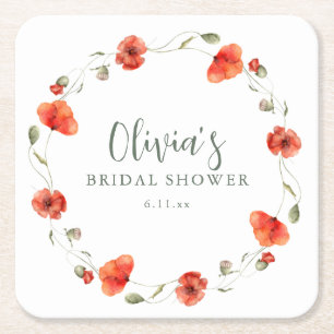 Red Poppy Garden Floral Bridal Shower Wreath Square Paper Coaster