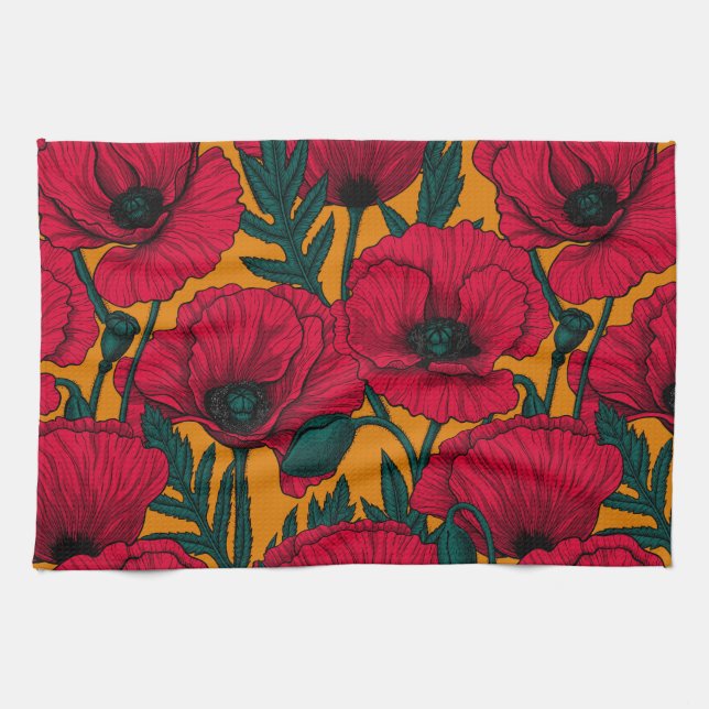 Red poppy garden kitchen towel (Horizontal)