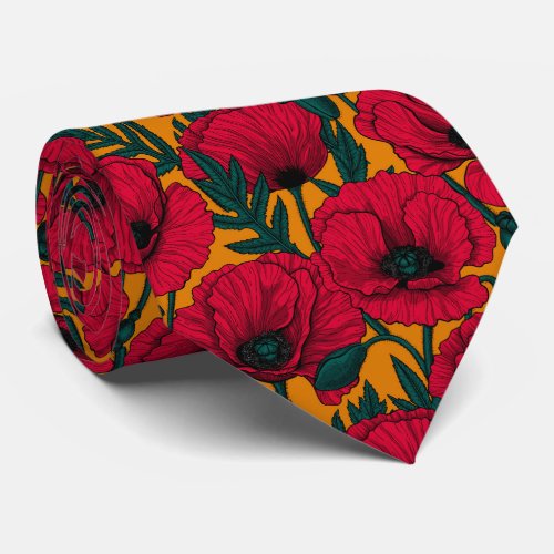 Red poppy garden neck tie