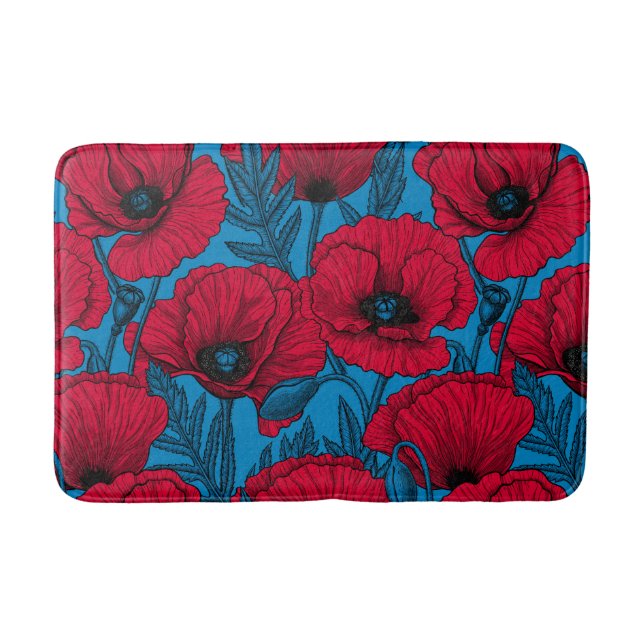 Red poppy garden on blue bath mat (Front)
