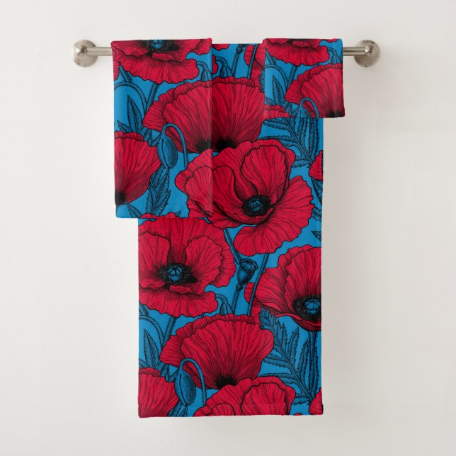 Red poppy garden on blue bath towel set (Insitu)