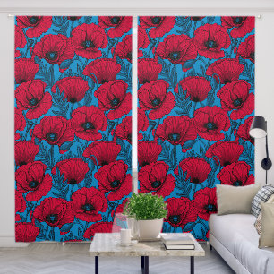 Red poppy garden on blue blackout curtains
