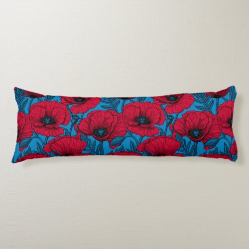Red poppy garden on blue body pillow