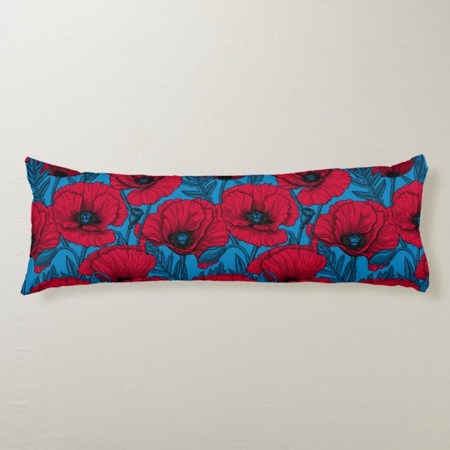 Red poppy garden on blue body pillow (Front)