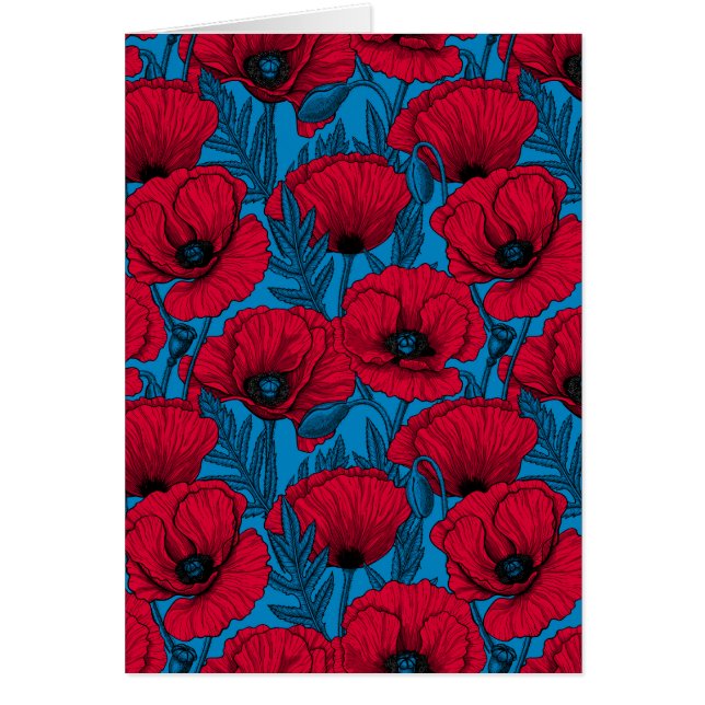 Red poppy garden on blue cards (Front)