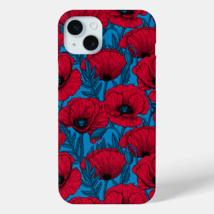 Red poppy garden on blue iPhone 15 plus case