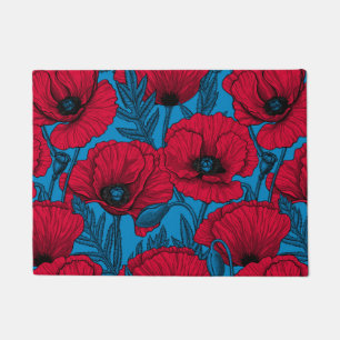Red poppy garden on blue doormat