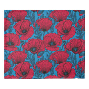 Red poppy garden on blue duvet cover
