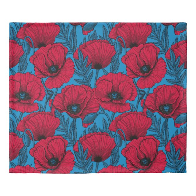 Red poppy garden on blue duvet cover (Front)