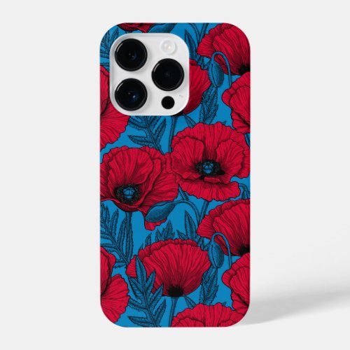 Red poppy garden on blue iPhone 14 pro case