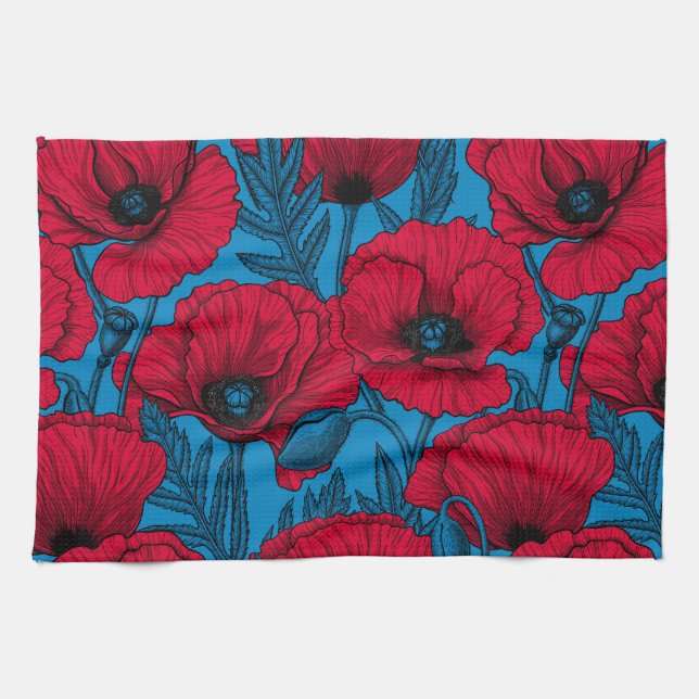 Red poppy garden on blue kitchen towel (Horizontal)