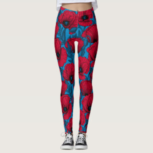 Red poppy garden on blue leggings