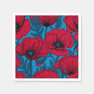 Red poppy garden on blue napkins