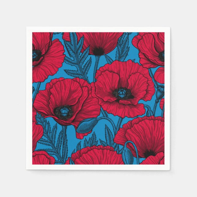 Red poppy garden on blue napkins (Front)