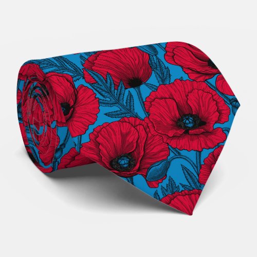 Red poppy garden on blue neck tie