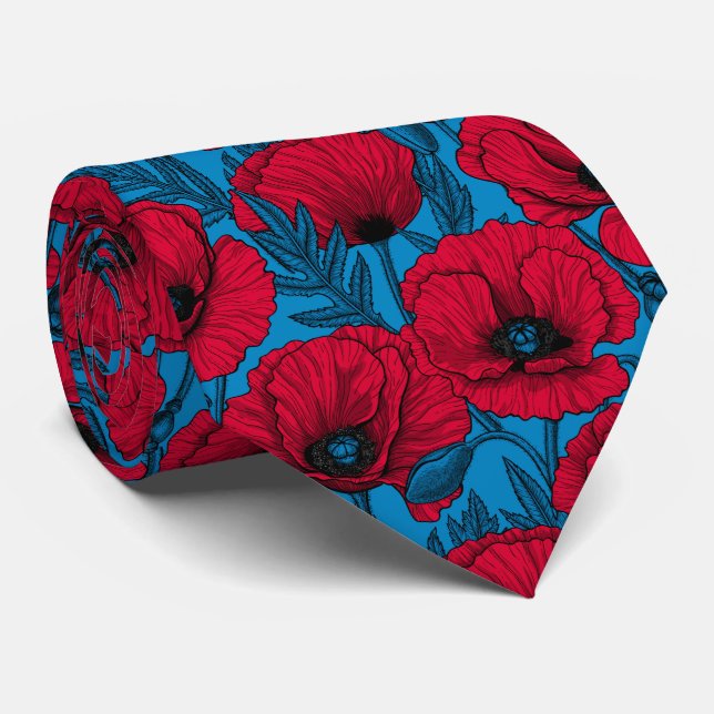 Red poppy garden on blue neck tie (Rolled)