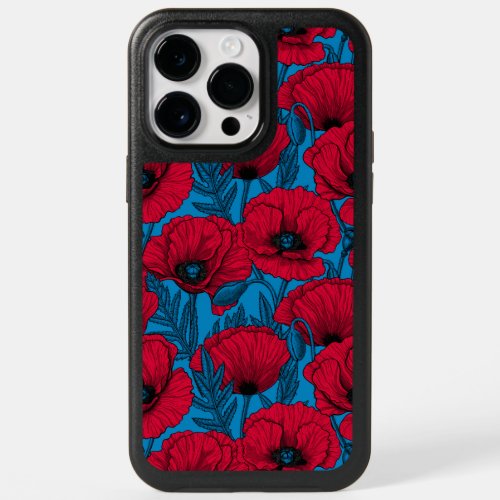 Red poppy garden on blue OtterBox iPhone 14 pro max case