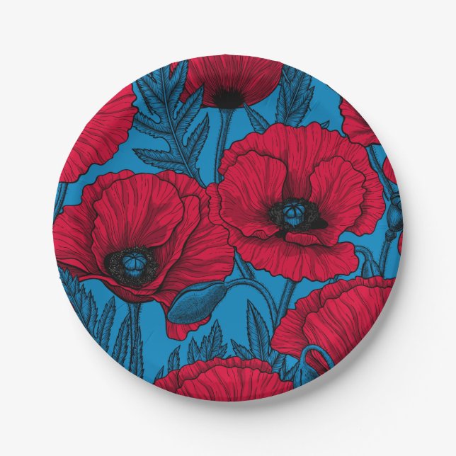 Red poppy garden on blue paper plates (Front)