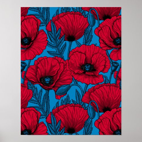 Red poppy garden on blue poster