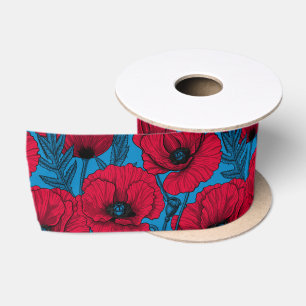 Red poppy garden on blue satin ribbon