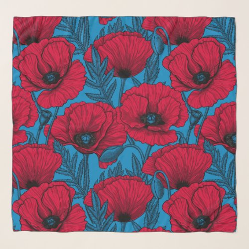 Red poppy garden on blue scarf