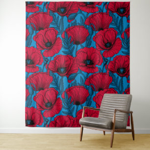 Red poppy garden on blue tapestry