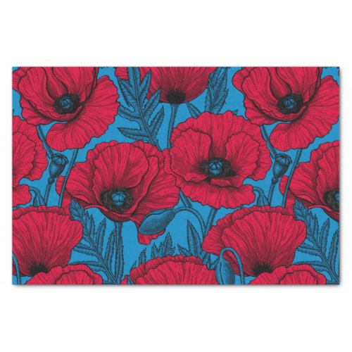 Red poppy garden on blue tissue paper