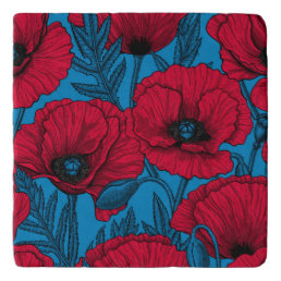 Red poppy garden on blue trivet