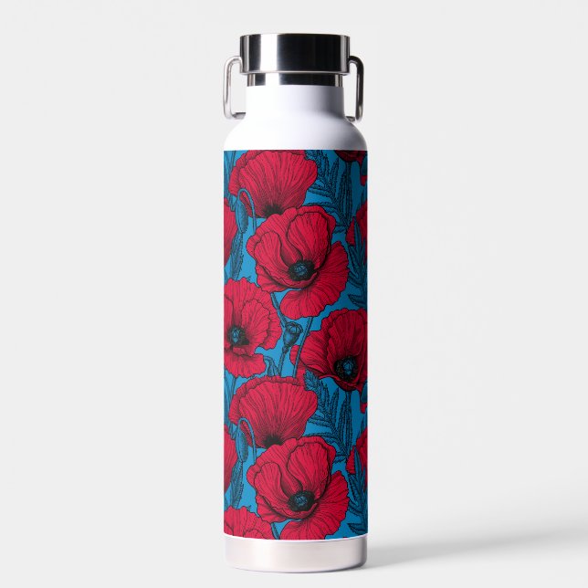 Red poppy garden on blue water bottle (Front)
